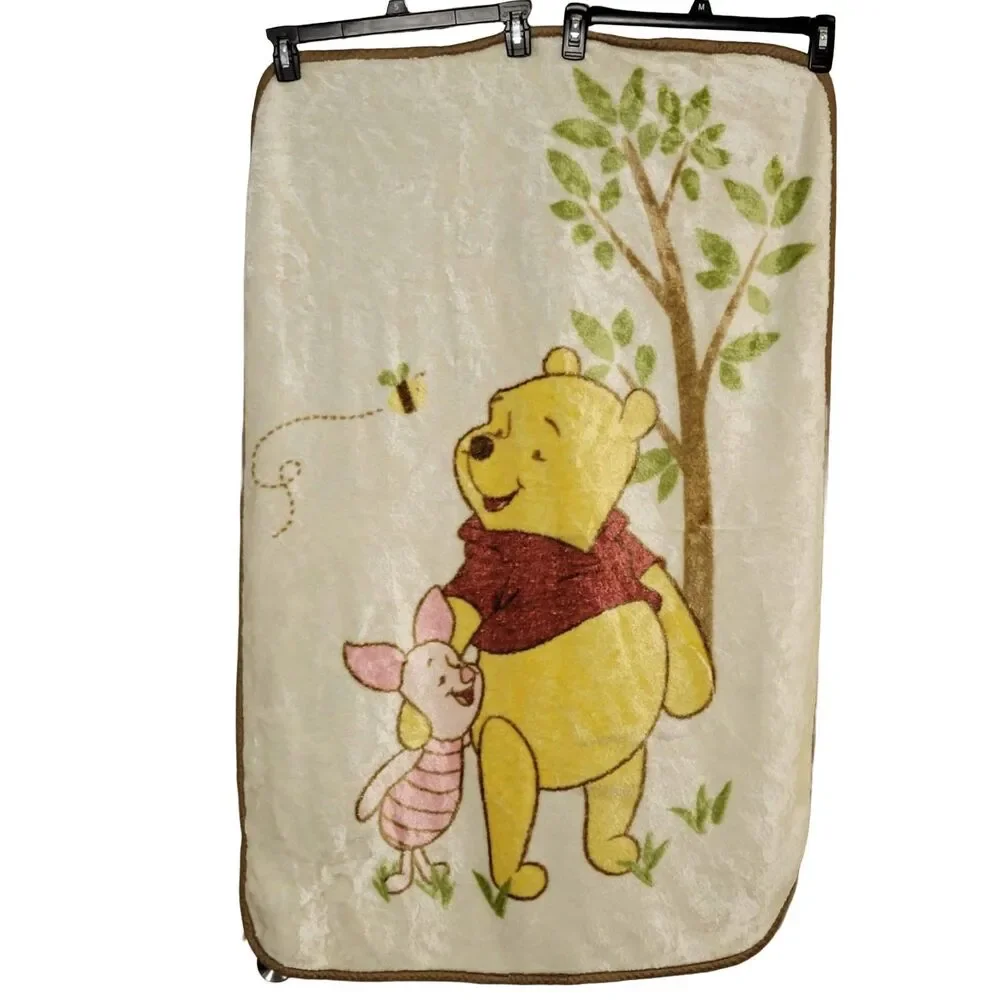Vtg Disney Winnie The Pooh & Piglet Baby Blanket Cream Fleece Plush Crib Throw